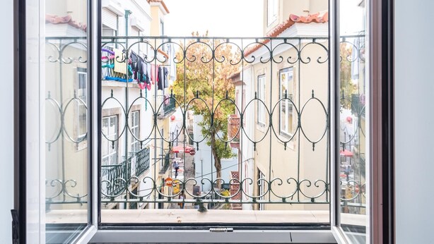 A view through a metal gate with a street scene in the background, including buildings and a tree.