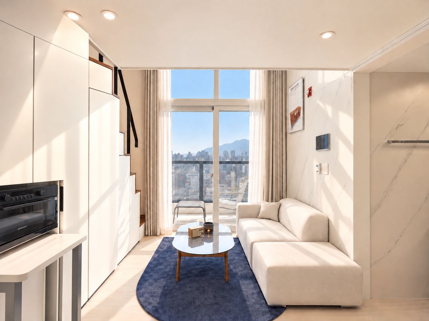 A modern living room with a sofa, a coffee table, and a television.