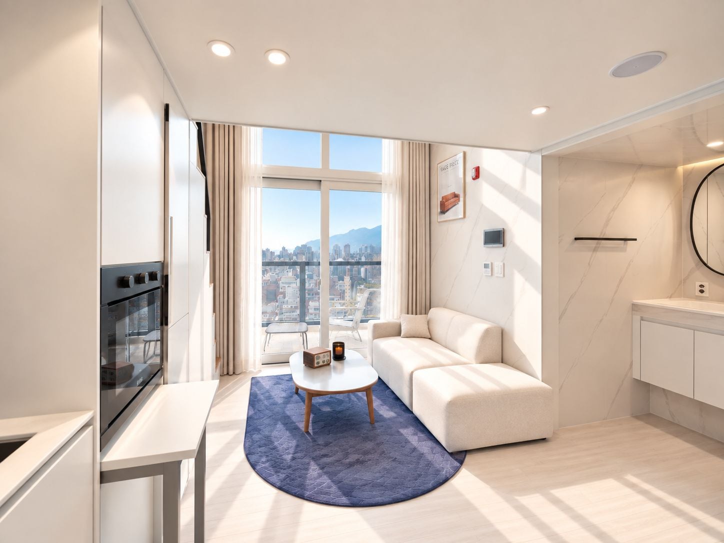 A modern living room with a sofa, a coffee table, and a view of a cityscape through large windows.