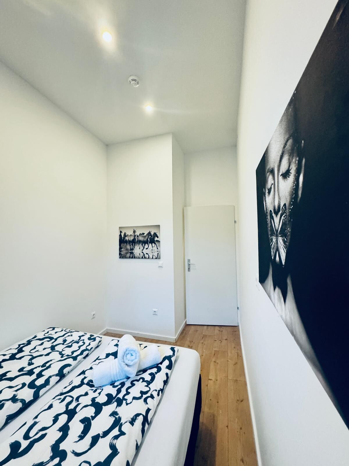 A bedroom with a bed, a wall-mounted painting, and a door.