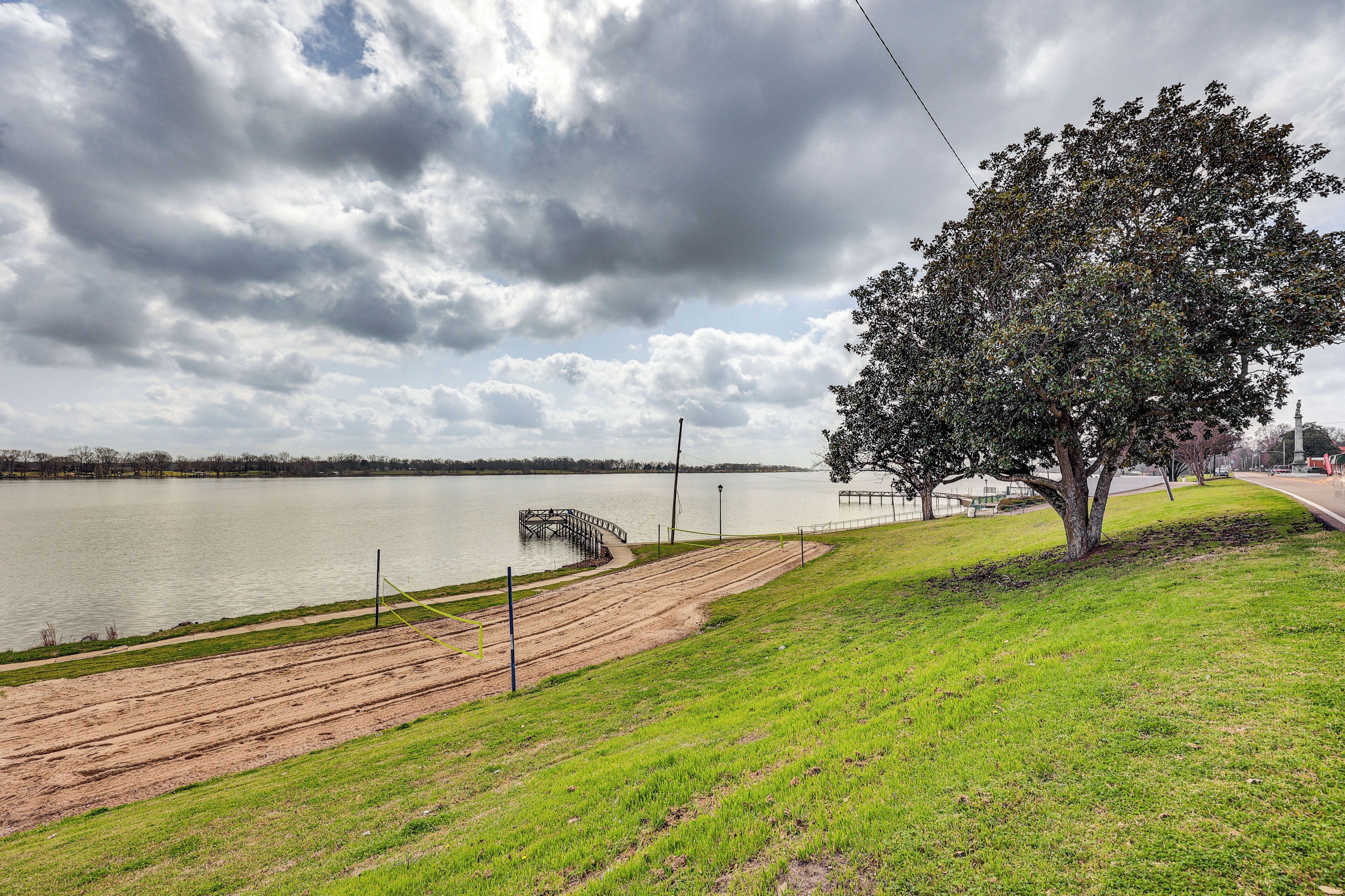 A grassy area with a tree, a dock, and a body of water under a cloudy sky.