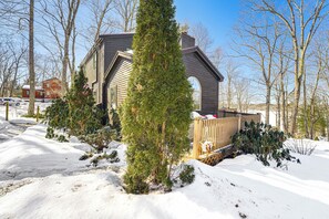 Stunning home with a gable roof and arched window, set amidst a serene winter landscape.