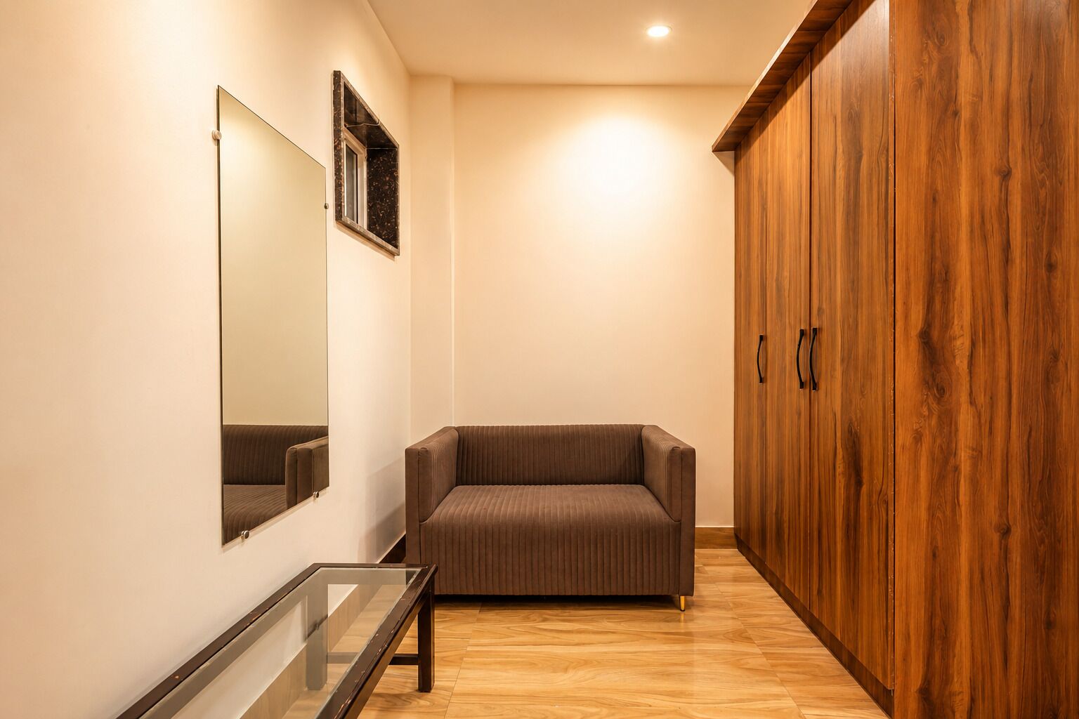 A room with a sofa, a wooden wardrobe, a mirror, and a glass table.