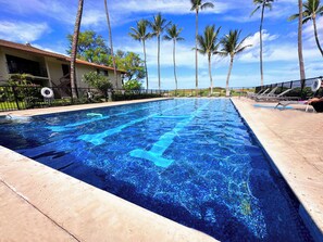 Una piscina con acqua cristallina, circondata da palme e da una recinzione.
