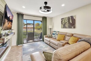 Smart TV, fireplace, stereo