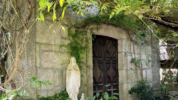 A stone building with a wooden door, surrounded by greenery and potted plants. - QUINTA DE RIBAS - Les Bougainvilliers charming house for families or groups (vila cha do marao)
