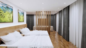 Habitación de hotel moderna con dos camas, cabecero de madera, un cuadro grande y vistas a las montañas.