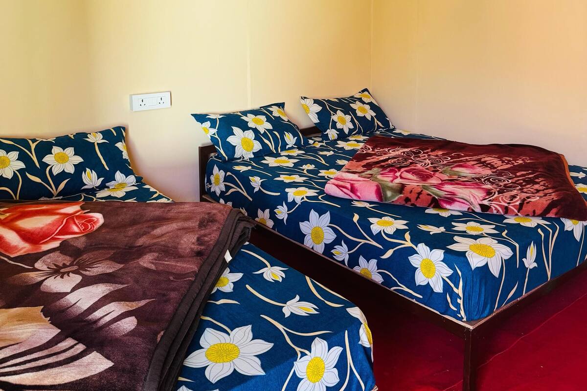 Habitación con dos camas, cada una con ropa de cama floral, alfombra roja y una escalera azul apoyada en la pared.