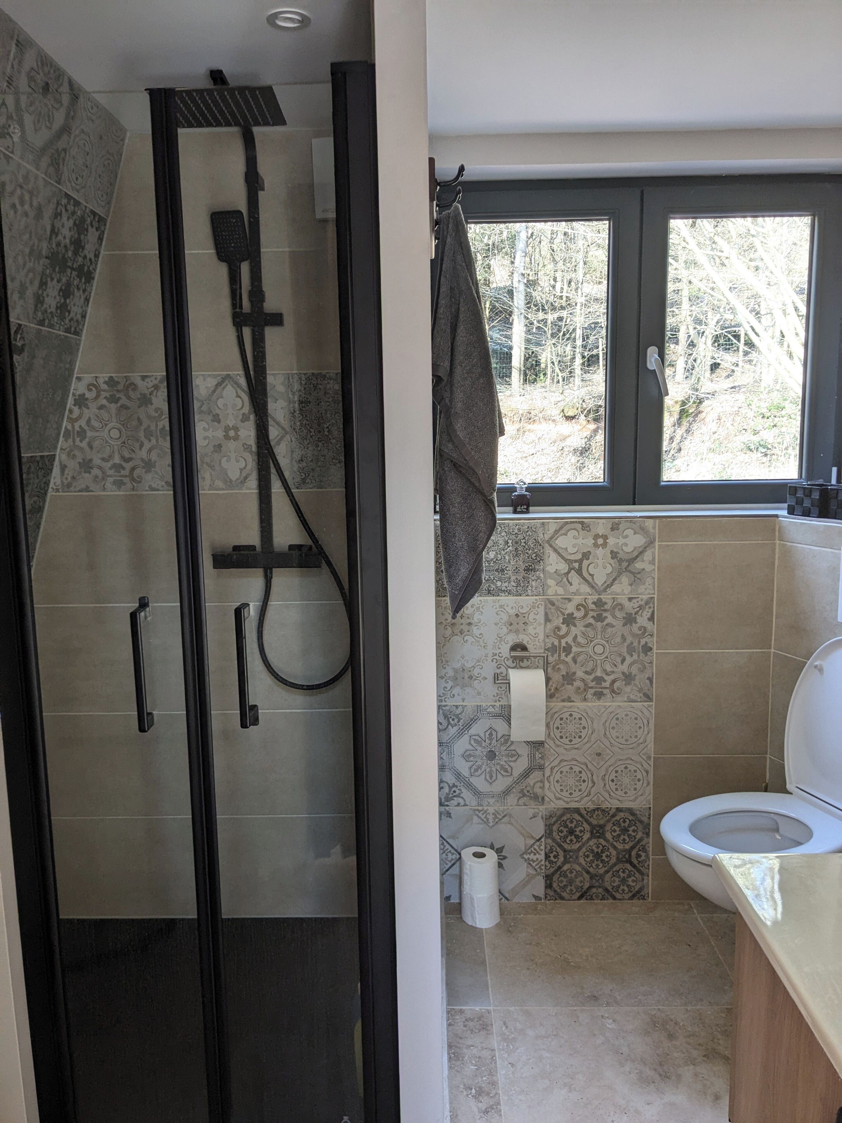 Hair dryer, towels, soap, toilet paper