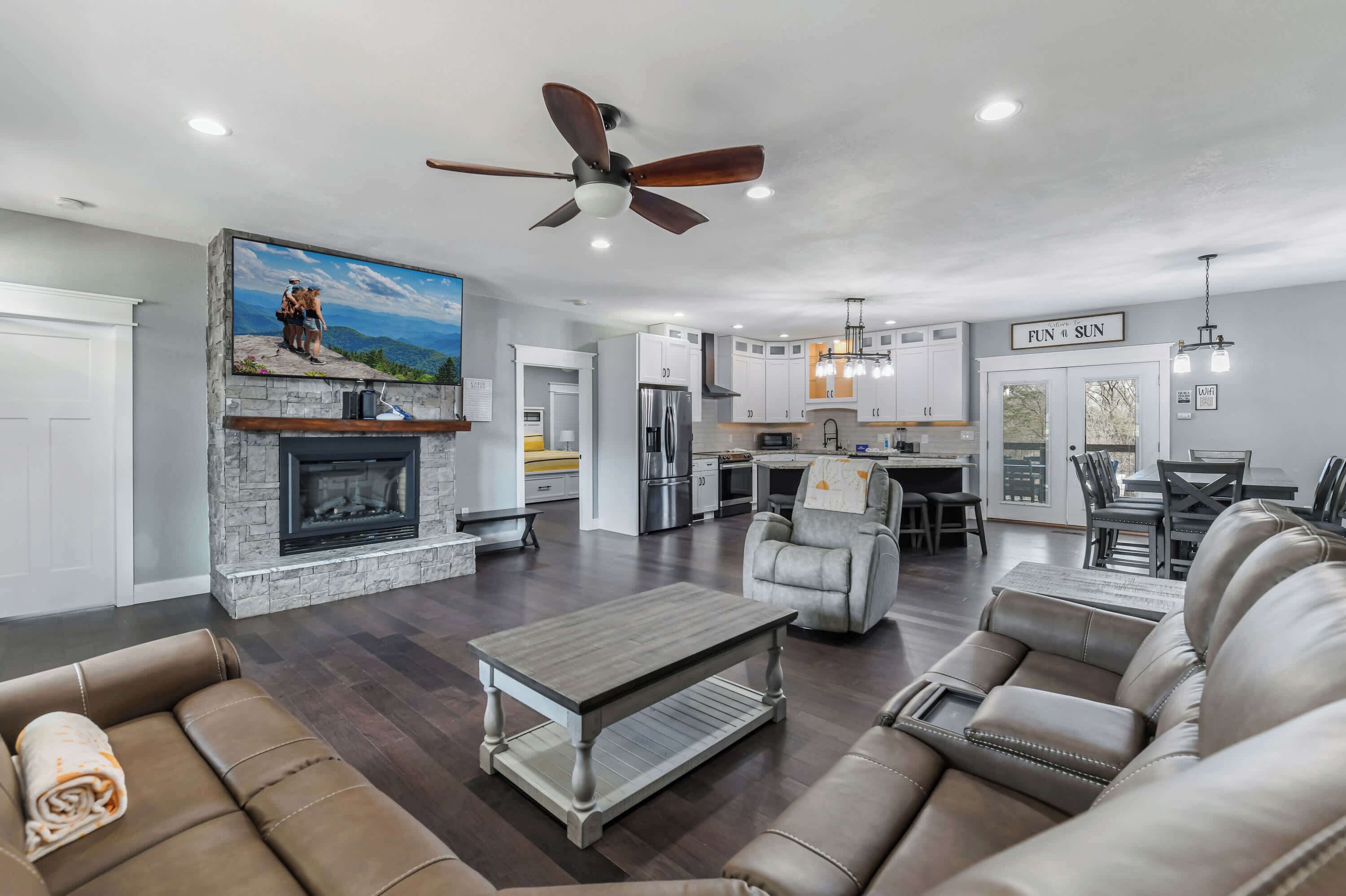 Smart TV, fireplace, video games, offices