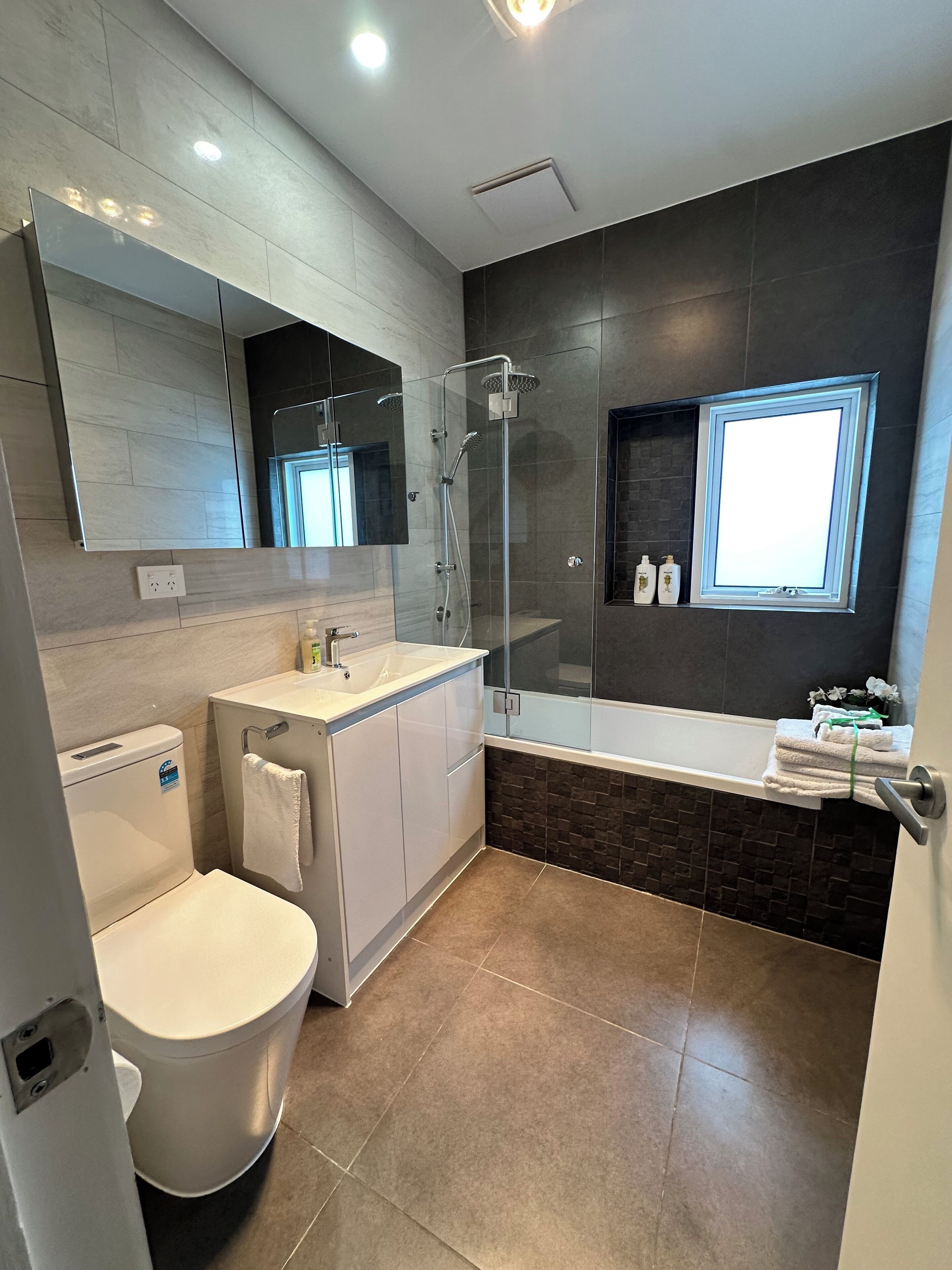 Shower, hair dryer, towels, soap