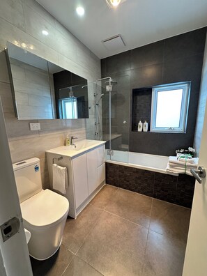 Shower, hair dryer, towels, soap