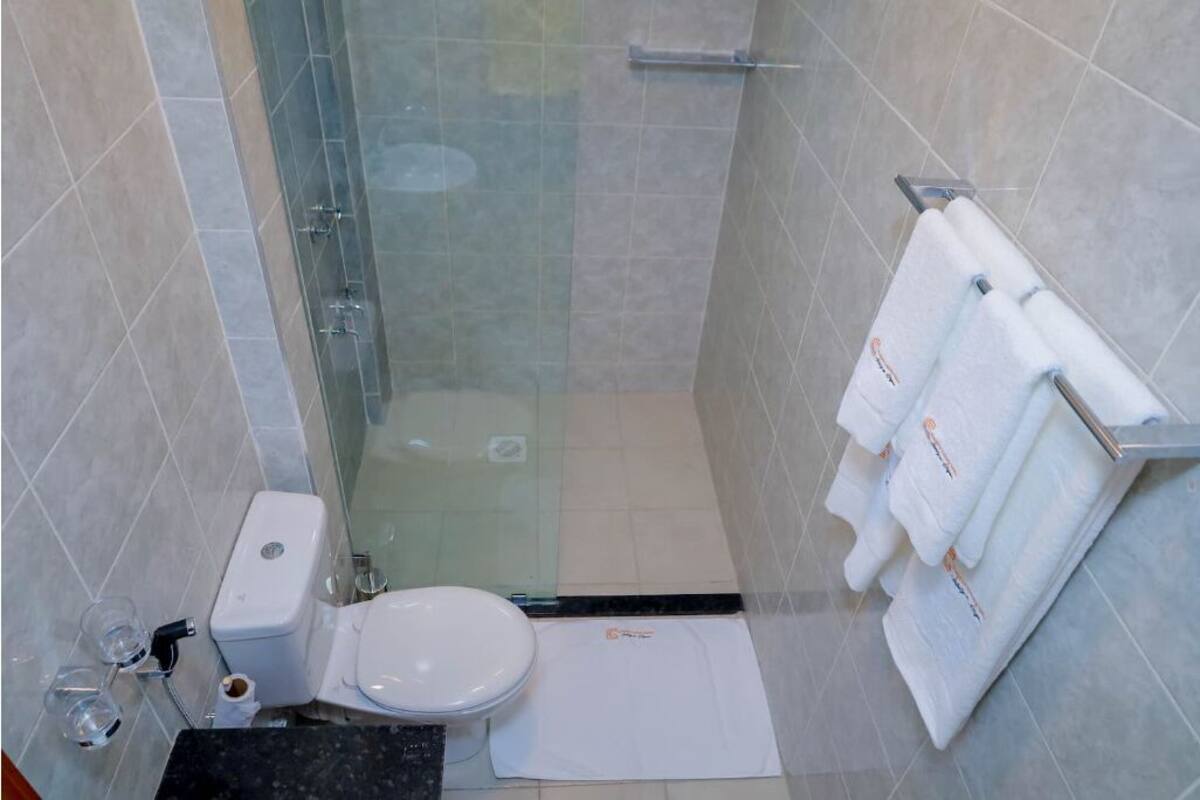 Une petite salle de bain avec une douche à parois de verre, des toilettes et un porte-serviettes avec des serviettes.