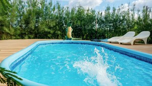 A swimming pool with a wooden deck, surrounded by trees.