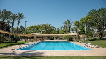 Seasonal outdoor pool, pool umbrellas, pool loungers