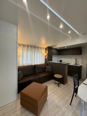 A compact living space with a sofa, ottoman, dining table, and kitchenette.