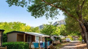 A row of mobile homes with a mountain backdrop, surrounded by trees.