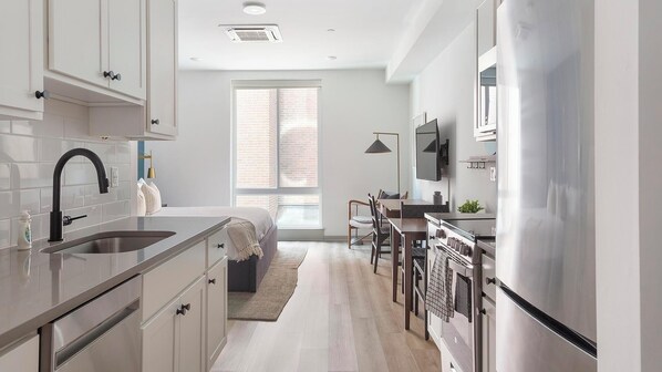 Fridge, dining tables