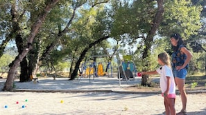 A playground with swings and climbing structures, surrounded by trees.