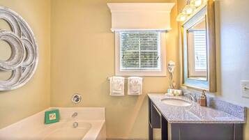 Hair dryer, towels, soap, toilet paper