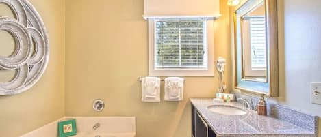 Hair dryer, towels, soap, toilet paper