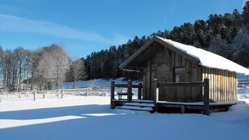 Une cabane en bois, dont le toit est recouvert de neige, entourée d’une clôture en bois et située sur un sol enneigé.