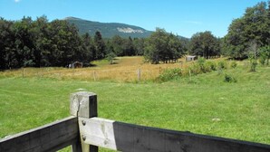 A grassy field with a wooden fence, trees, and a mountain in the background. - Vercors Intense (Vassieux-en-Vercors)