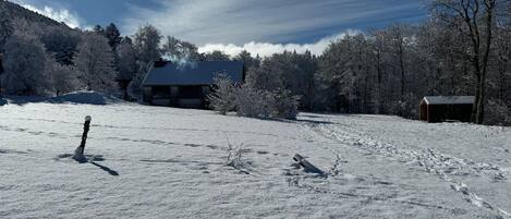 Un paisaje nevado con una casa y un cobertizo.