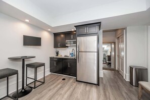 Fridge, microwave, coffee/tea maker, blender