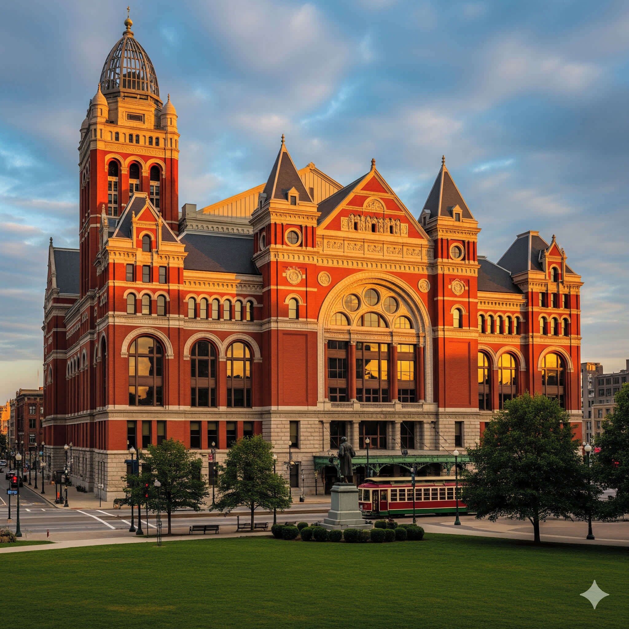 A large, historic building with a prominent tower and arched windows.