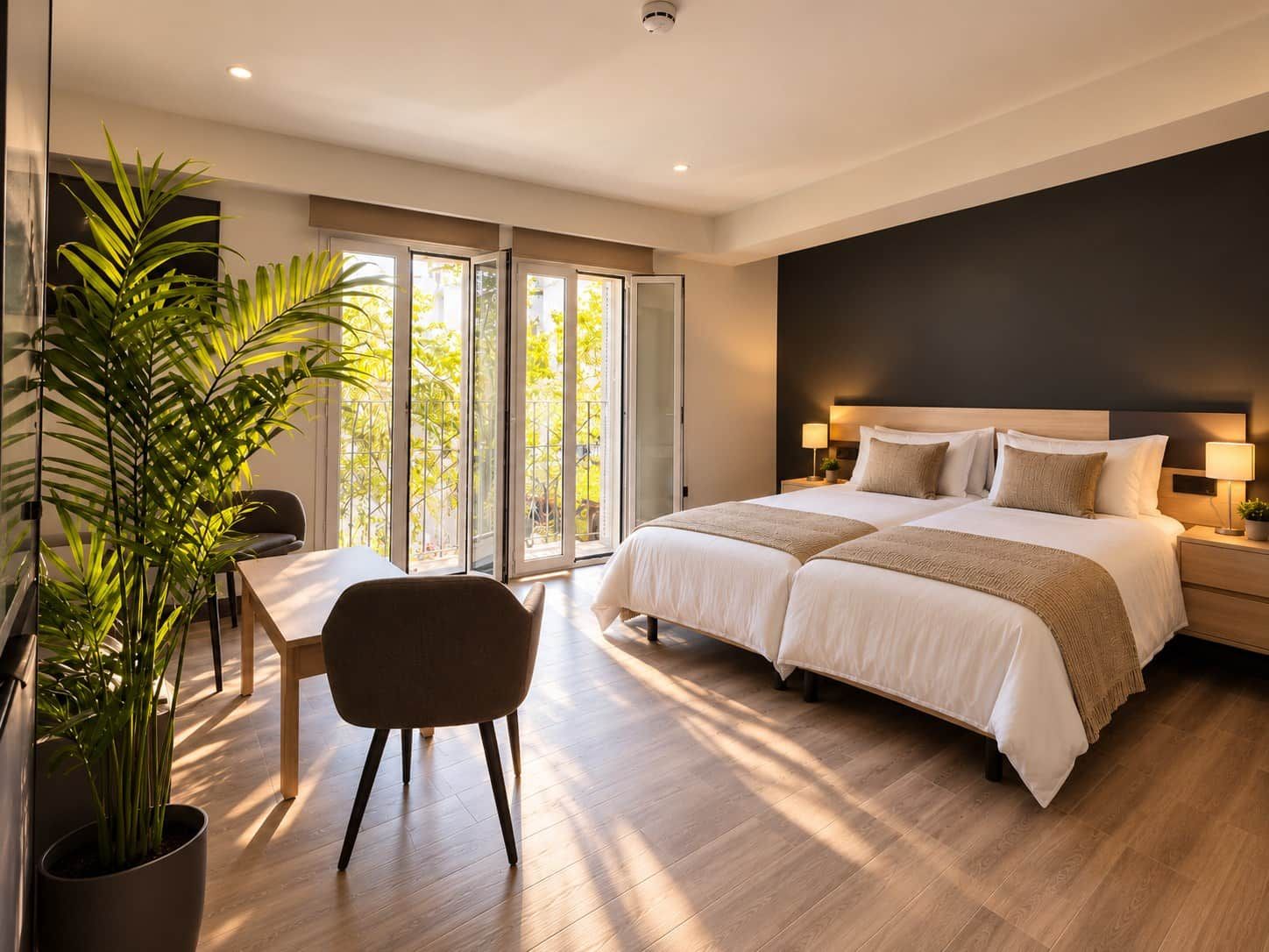 A modern hotel room with a large bed, a desk, and a chair.