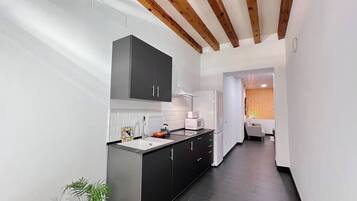 Fridge, microwave, stovetop, coffee/tea maker