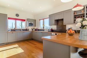 Fridge, oven, dishwasher, cookware/dishes/utensils