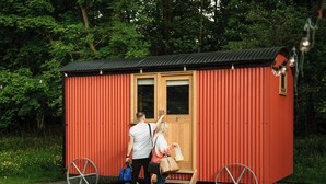 A small red wooden structure with two windows and a door, surrounded by greenery.