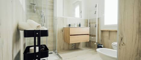 Shower, hair dryer, bathrobes, bidet