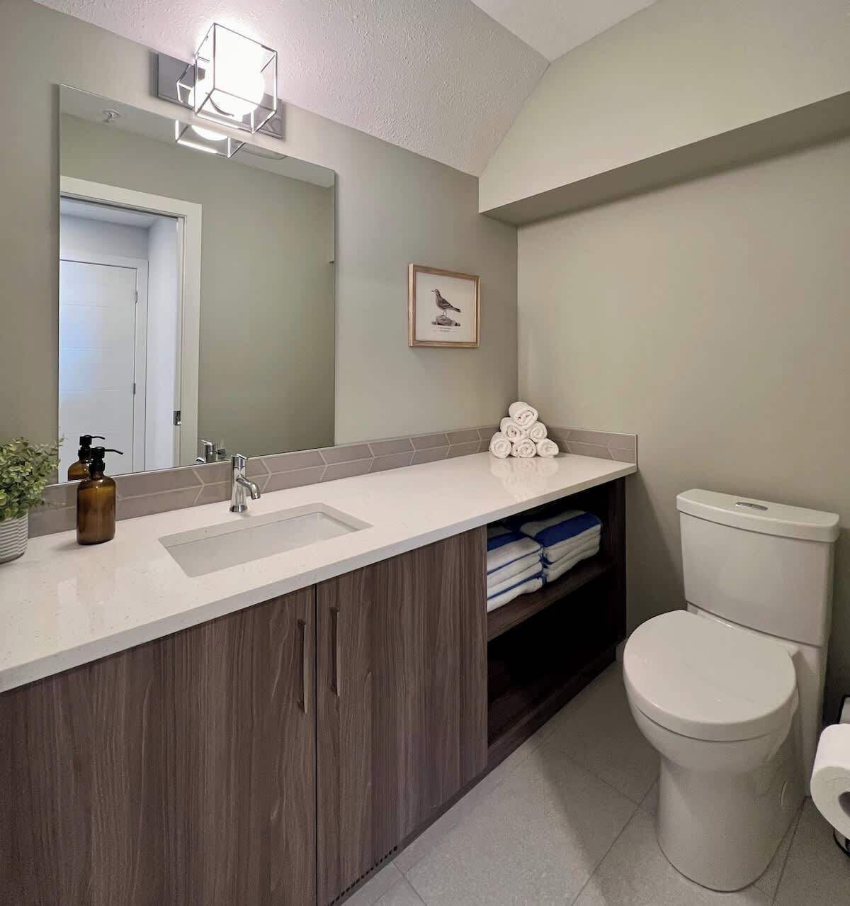 A bathroom with a wooden vanity, a white toilet, and a framed bird picture on the wall.