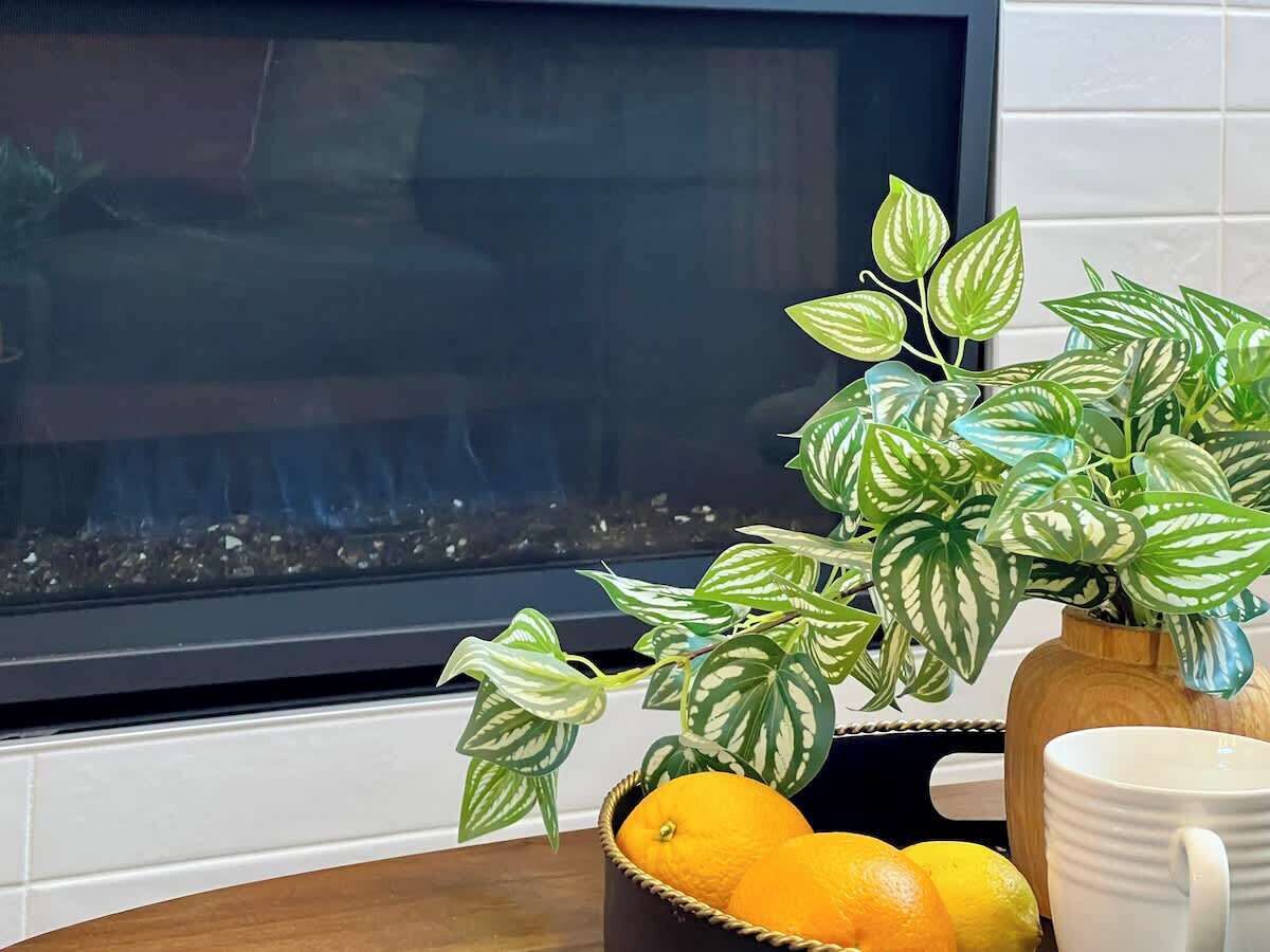Una habitación con chimenea, una planta en maceta y un cuenco de limones y naranjas sobre una mesa de madera.