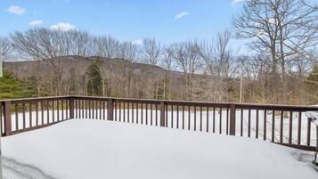 Ein mit Schnee bedeckter Balkon mit Holzgeländer, umgeben von kahlen Bäumen und einer hügeligen Landschaft im Hintergrund.