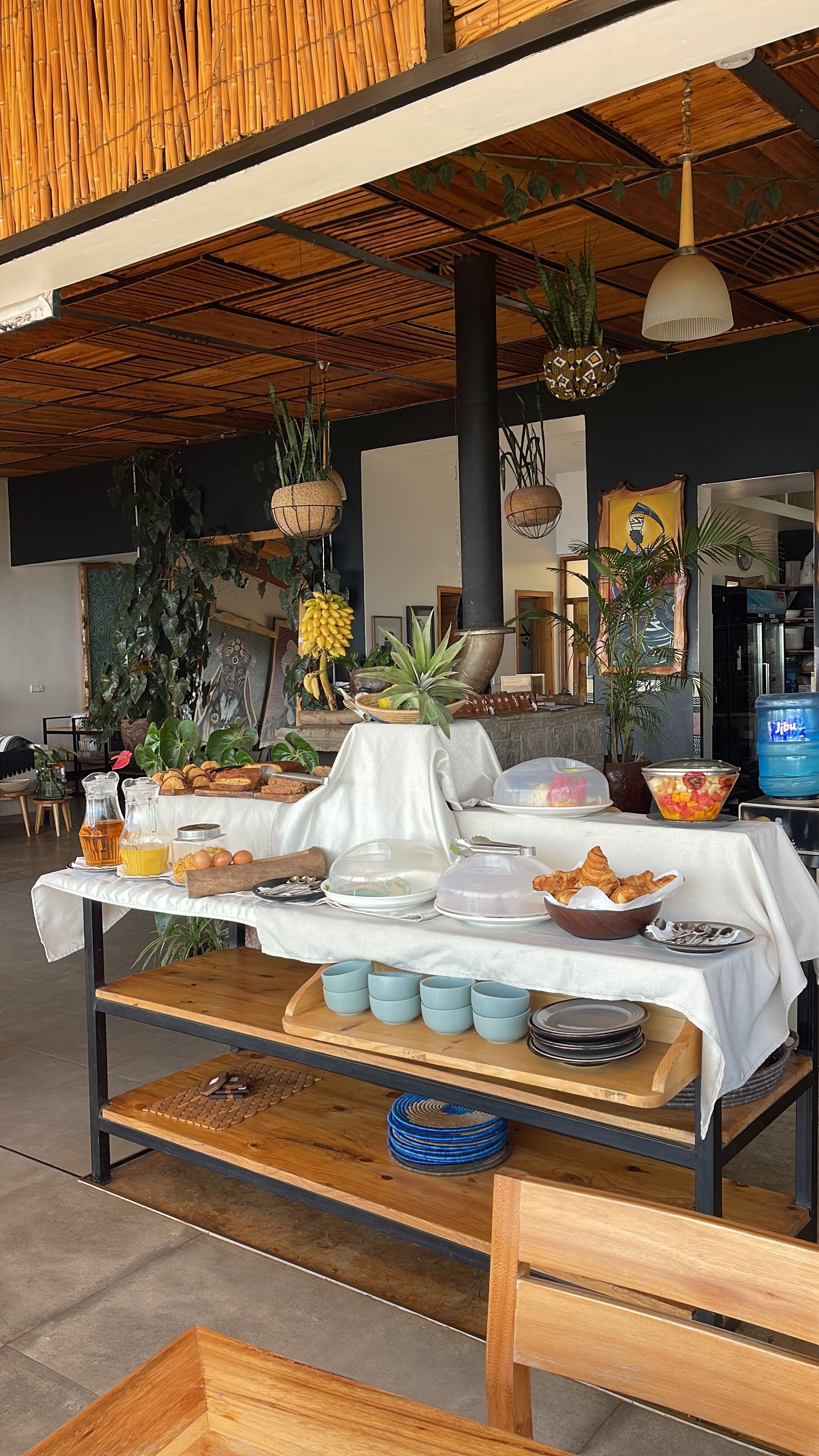 A buffet setup with various food items and drinks on a table, surrounded by plants and hanging baskets.