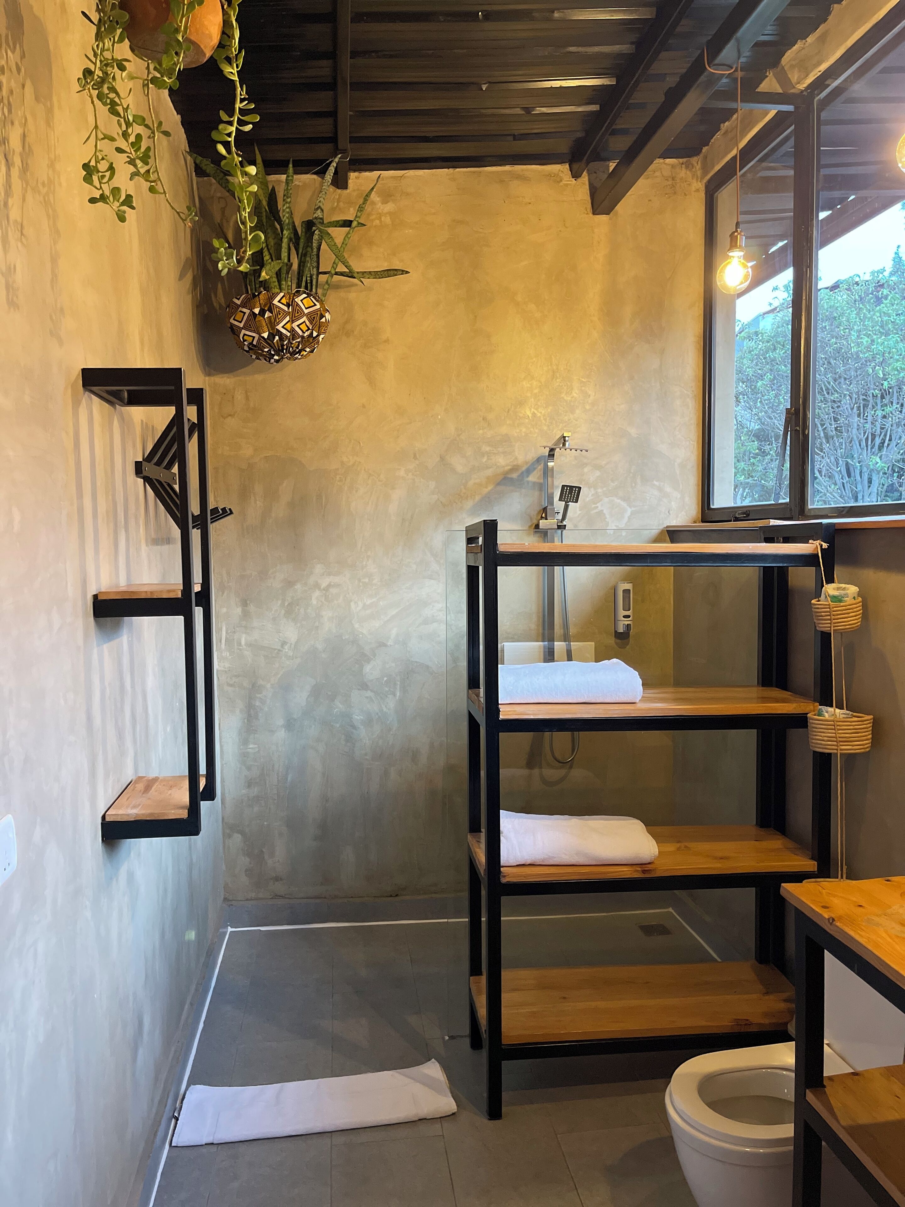 Un baño con tocador de madera, inodoro y planta colgante.
