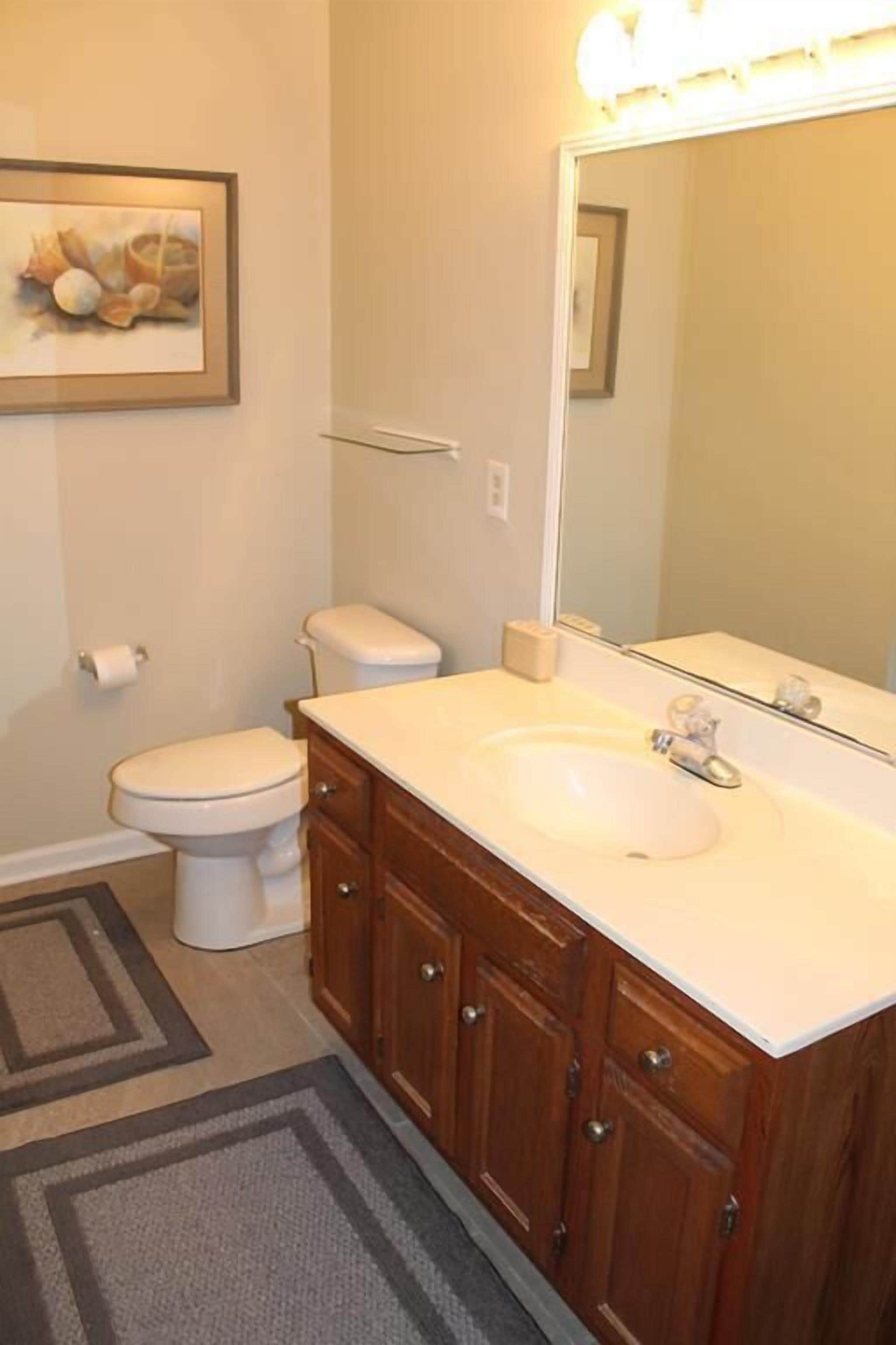 A bathroom with a white toilet, a white sink, wooden cabinets, a large mirror, and a framed picture on the wall.