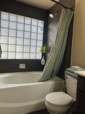 Hair dryer, towels, soap, toilet paper