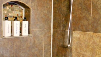 Hair dryer, towels, soap, shampoo