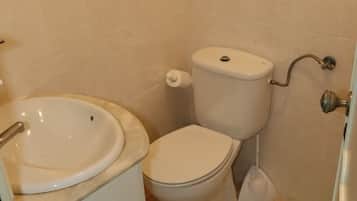 Secadora de cabello, toallas, jabón, papel de baño