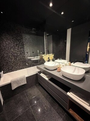 Hair dryer, bidet, towels, soap