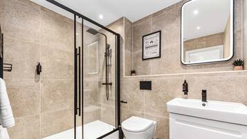 Shower, hair dryer, towels