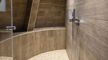 Superior Double Room, Vineyard View | Bathroom | Shower, rainfall showerhead, hair dryer, bathrobes