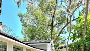 A wooden deck with a dining table and chairs, surrounded by a white building with large windows. - White Lily Cottage, White Lily Cottage (St. Augustine)