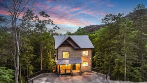 A two-story log cabin with a metal roof, surrounded by dense forest.