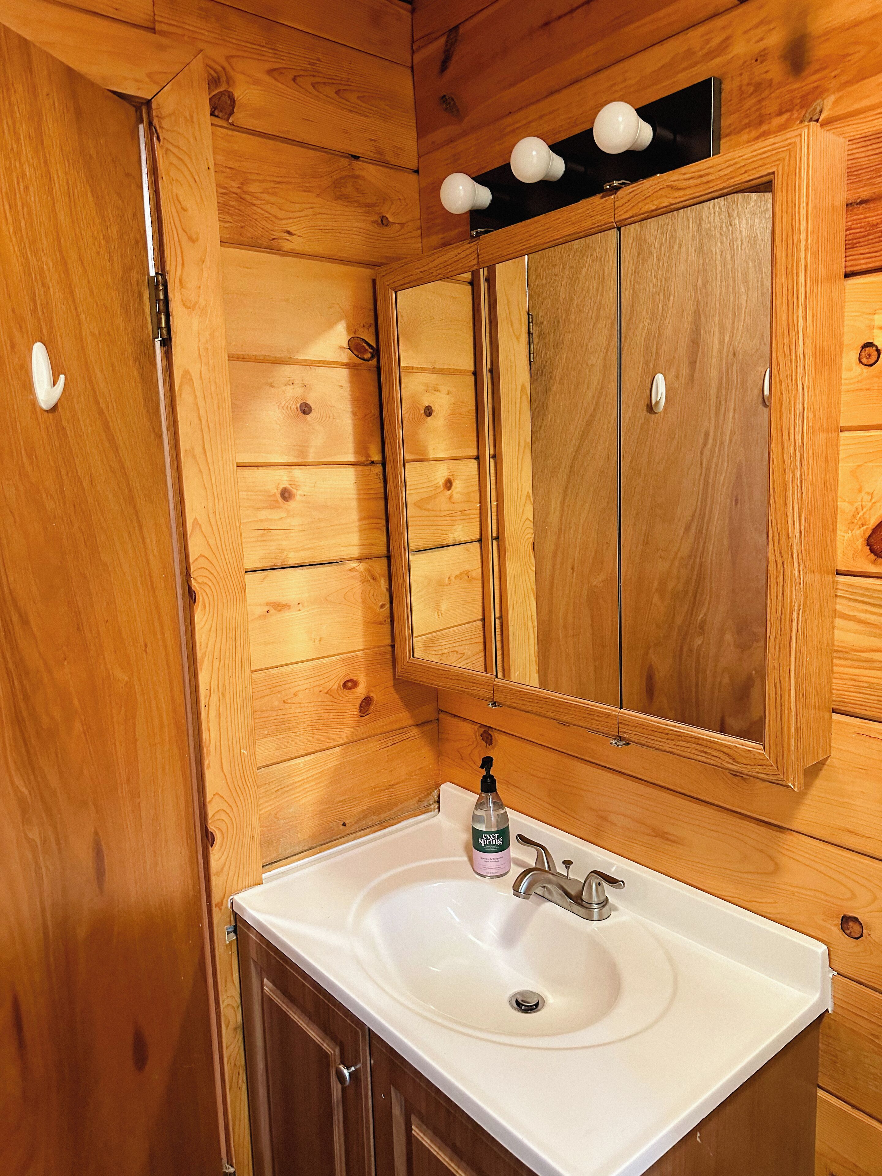 A wooden bathroom with a white sink, a mirror, and a bottle of hand soap.